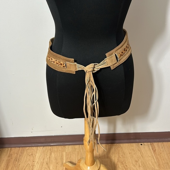 Vintage Suede and Calf Hair Fringed Tan and Leopard Belt ML - Picture 7 of 7